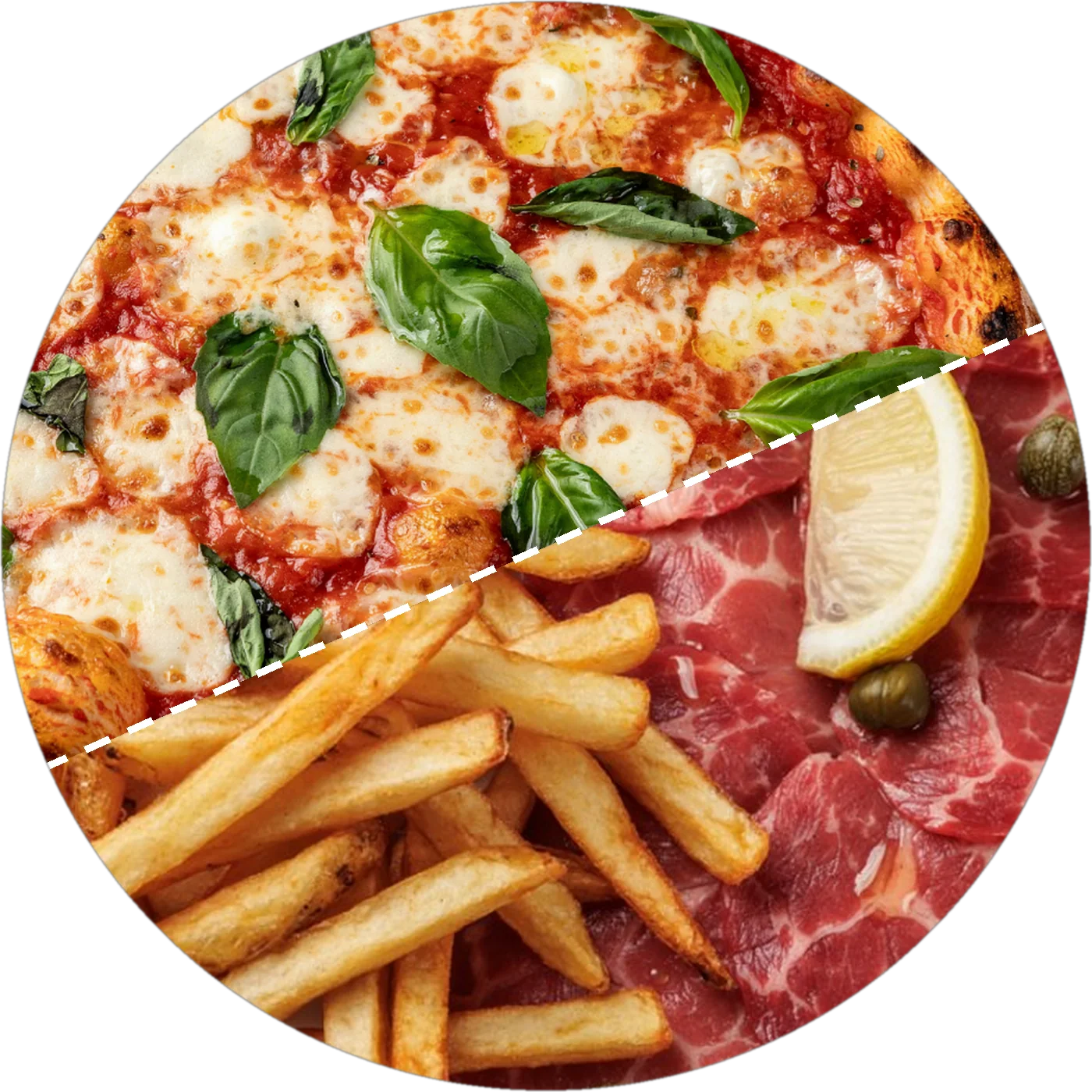 Une moitié de pizza margherita au feu de bois et une moitié de carpaccio-frites, servis au Calypso